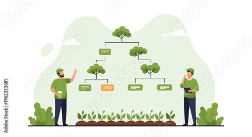 Two men analyze a flowchart diagram of a tree structure.