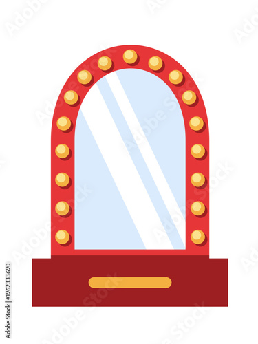 Red dressing room vanity mirror with glowing round bulbs, glossy reflection, and makeup table base, isolated on light background in clean flat vector style