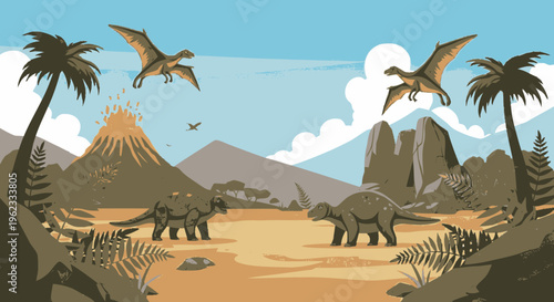 Two Brontosaurus Dinosaurs Walking in Prehistoric Landscape.