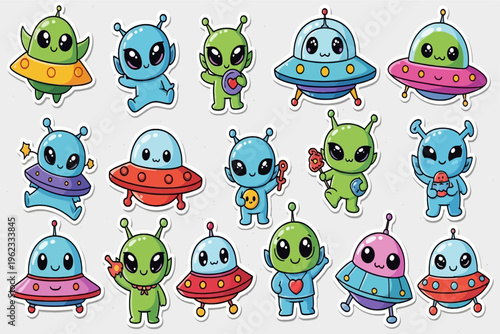 Alien characters and spaceships are gathered in a fun cartoon illustration.