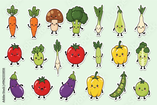 A colorful variety of cartoon vegetables standing together in a garden