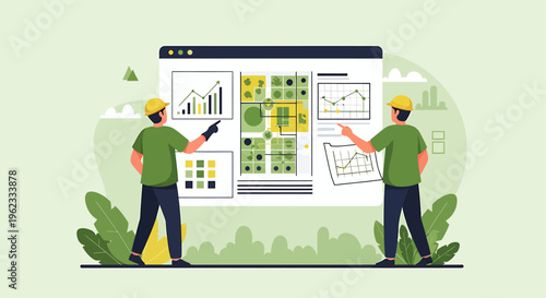 Two people analyzing data charts on a large screen.