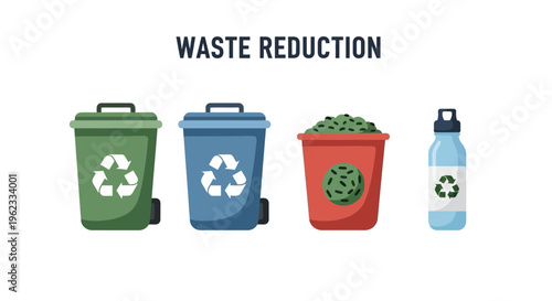 Waste Reduction and Recycling Concept: Bins, Organic Waste, and Reusable Bottle Illustration