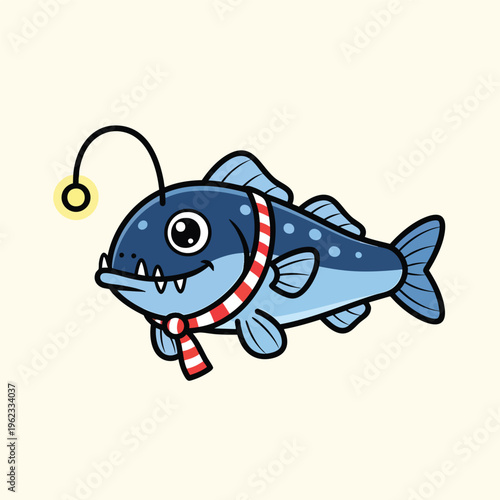 A cartoon depiction of a deep-sea fish with a bioluminescent lure and a red and white striped scarf