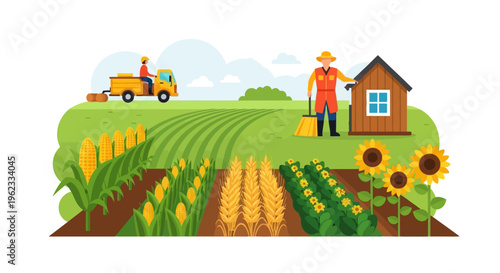 Flat Design Farm Scene: Farmers, Tractor, and Diverse Crops (Corn, Wheat, Sunflowers) in a Bountiful Rural Landscape