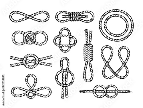 Collection of Nautical Knots and Rope Hand Drawn Style White Background marine sailing