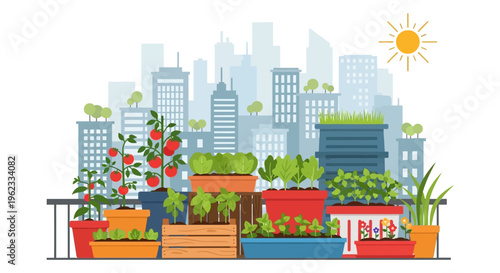 Vibrant Urban Rooftop Garden with Fresh Vegetables and Herbs in a Cityscape - Sustainable Living Concept Illustration