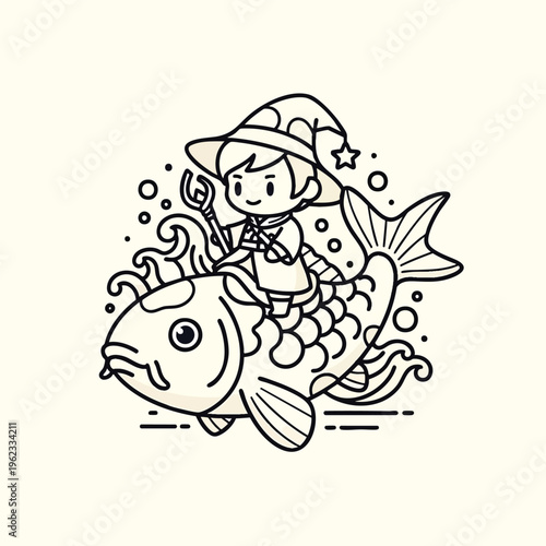A whimsical illustration depicts a robed figure with a pointy hat riding a carp with bubbles and waves