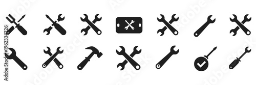 set of tools icons on white background, editable scalable icon pack with various hardware instruments, perfect for maintenance concepts, engineering graphics, industrial use, simple and professional f