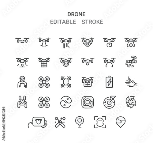 Drone icon set with editable stroke quadcopter symbol