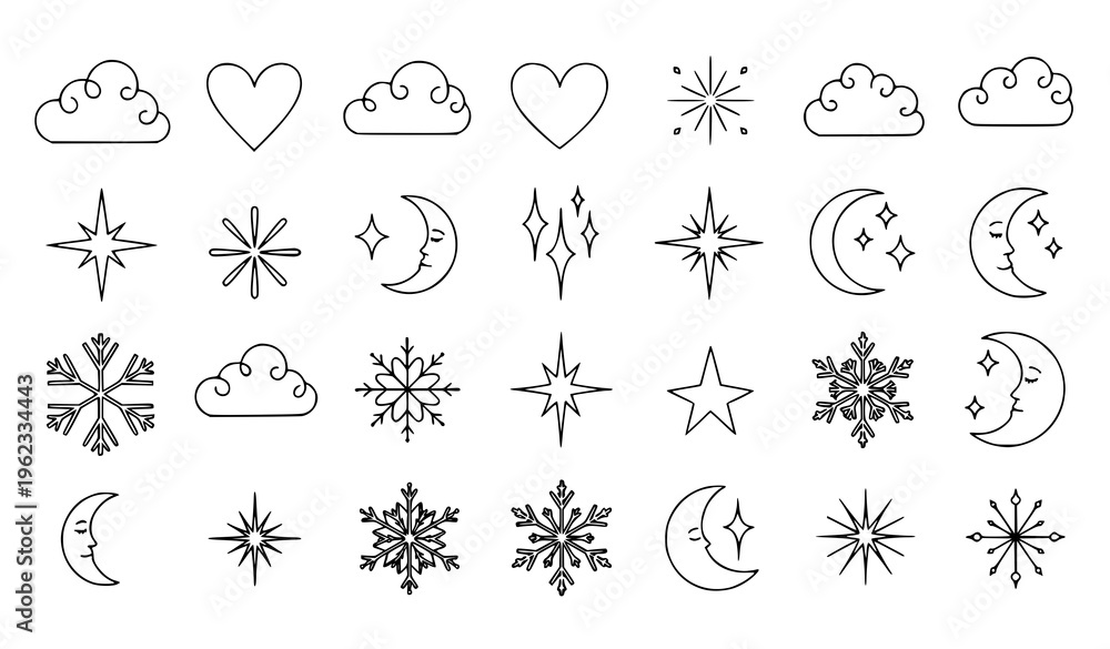 © Abddulah - Black and white hand drawn decorative elements set clouds hearts stars snowflakes crescent vector