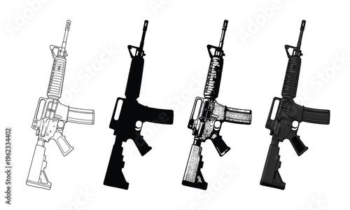 Tactical assault rifle collection featuring diverse artistic vector style styles.