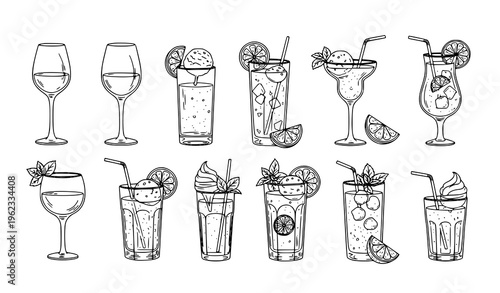 Black and white cocktail doodle set with glasses ice cream drinks fruit and mint vector illustration