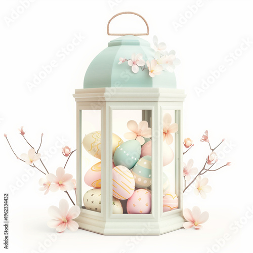 Decorative spring lantern with Easter eggs isolated on white
