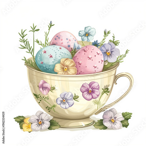 Vintage teacup with Easter eggs and spring flowers isolated on white