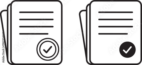 Paper document icons with check marks showing approved status verified reports and business records.