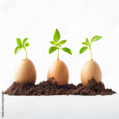 Easter eggs sprouting plants from soil isolated on white