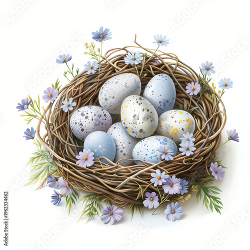 Spring flower crown with pastel Easter eggs isolated on white