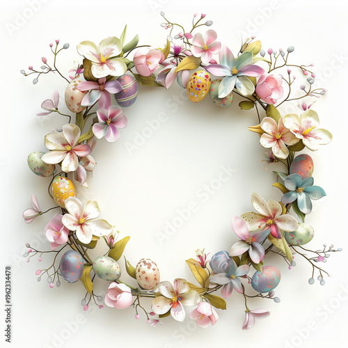 Pastel floral Easter egg wreath isolated on white background