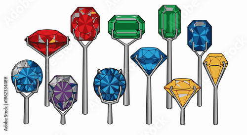 Collection of colorful, faceted gemstone specimens on stands