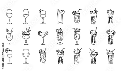 Doodle cocktail and beverage collection with ice cream drinks fruit garnish black white vector