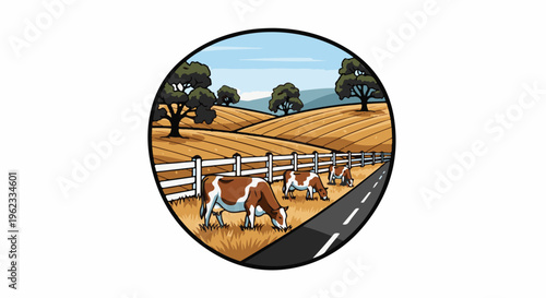 Brown and white cows graze in a pastoral landscape with rolling hills and trees