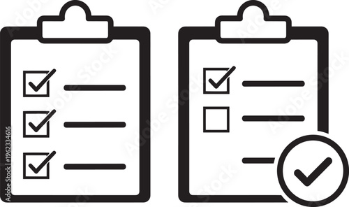 Set of clipboard checklist icons with check marks and paper lists on transparent background vector.