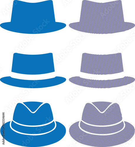 Vector collection of blue hats for men including fedoras and trilbies