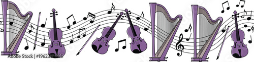 Purple vector illustration of musical instruments featuring harps and violins with flowing notes on a white background.