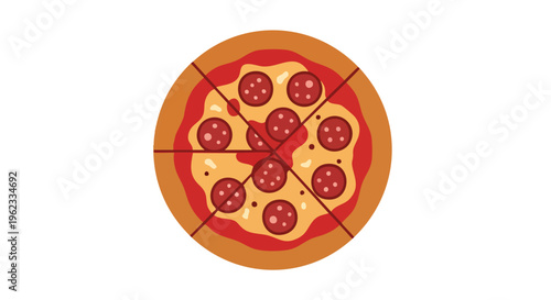 A cartoon-style illustration of a circular pizza cut into eight equal slices. It is garnished with pepperoni and other toppings