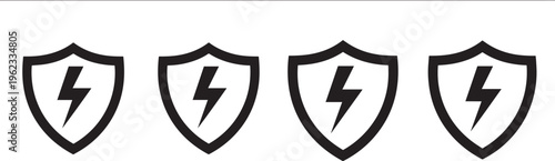 Shield with lightning bolt icons representing electrical protection power security and energy safety.