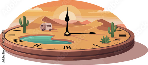 Desert landscape inside a clock with cacti and a lake and a camper van and sunset.