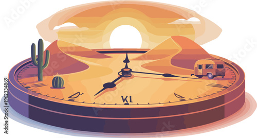 Desert landscape inside a clock with cacti and a camper van and sunset and sand dunes.