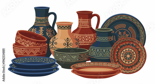 Collection of colorful patterned ceramic pottery vases and bowls