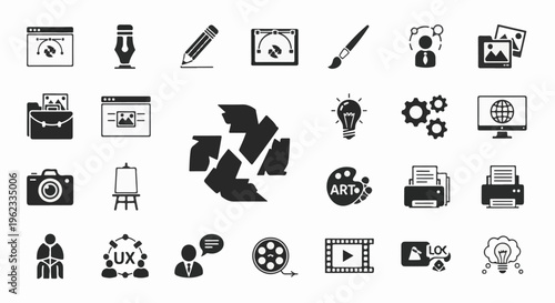 Collection of creative and business icons on a white background