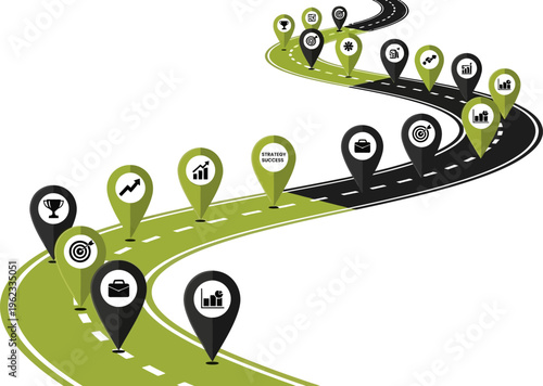 Roadmap process timeline with strategic pins for business success planning Winding road infographic with location markers and strategy icons