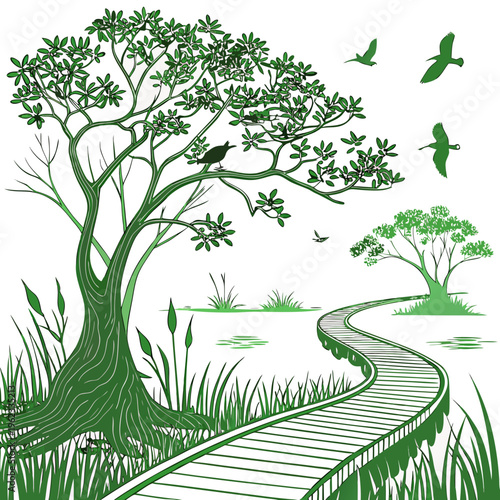 Photos A green illustration of a winding boardwalk through a marshy area with a large t