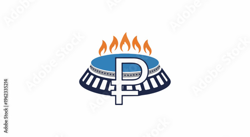 Burning ruble symbol on a gas burner