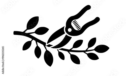 Black silhouette pruning shears cutting a leafy branch icon for gardening, horticulture, trimming, landscaping, and botanical care concept design on white background
