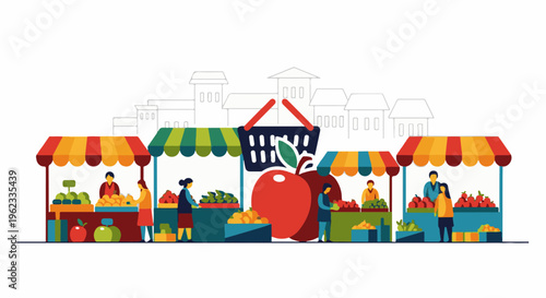 Busy outdoor market with vendors, shoppers, fruits, vegetables, and baskets