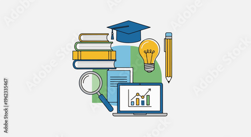 Collection of educational icons books, graduation cap, lightbulb, magnifying glass, laptop, pencil