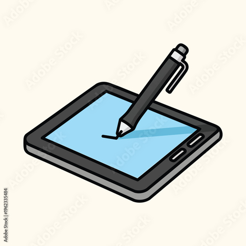 A cartoon drawing of a tablet and stylus pen. The tablet is light blue, with a dark border, and has buttons on the side