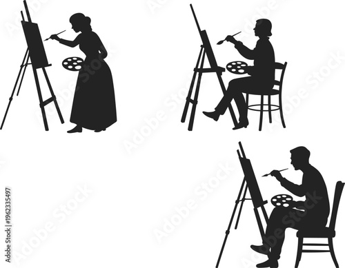 Black silhouette set of artists painting on canvas with easels and palettes including standing woman and sitting men for art.