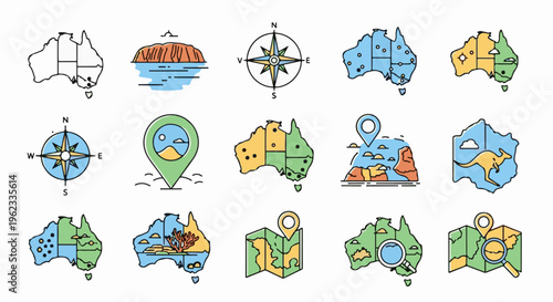 Collection of flat design icons depicting Australia, landmarks, and travel elements