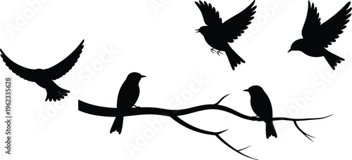Black silhouette set of birds flying and perched on a tree branch representing nature wildlife spring season and freedom vector.