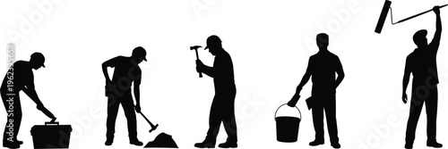 Black silhouette set of construction workers and handymen performing manual labor tasks like painting hammering and cleaning for renovation vector.