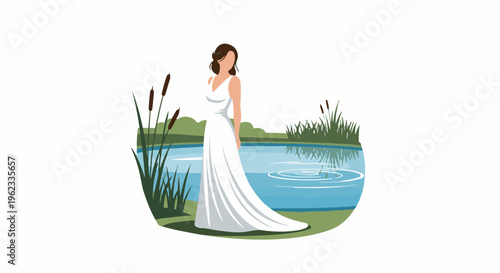 Bride in white dress by peaceful pond with cattails