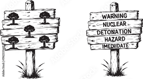 This illustrative black and white drawing features two rustic wooden signs, one adorned with small trees symbolizing nature and tranquility, while the other starkly warns of an immediate nuclear deton