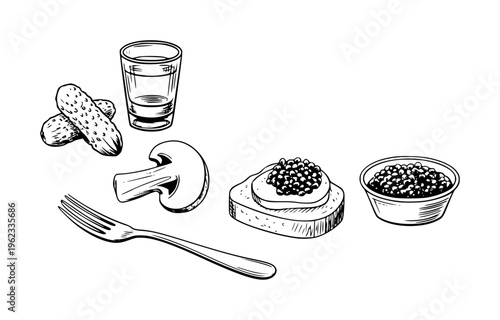 Hand drawn of Russian vodka shot glass pickles mushroom and caviar bread food black