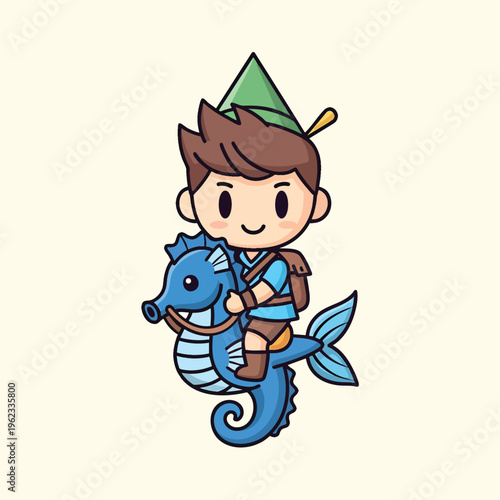 A cartoon boy wearing a green hat and blue outfit, smiles while riding a blue seahorse. He has a backpack. Background is cream